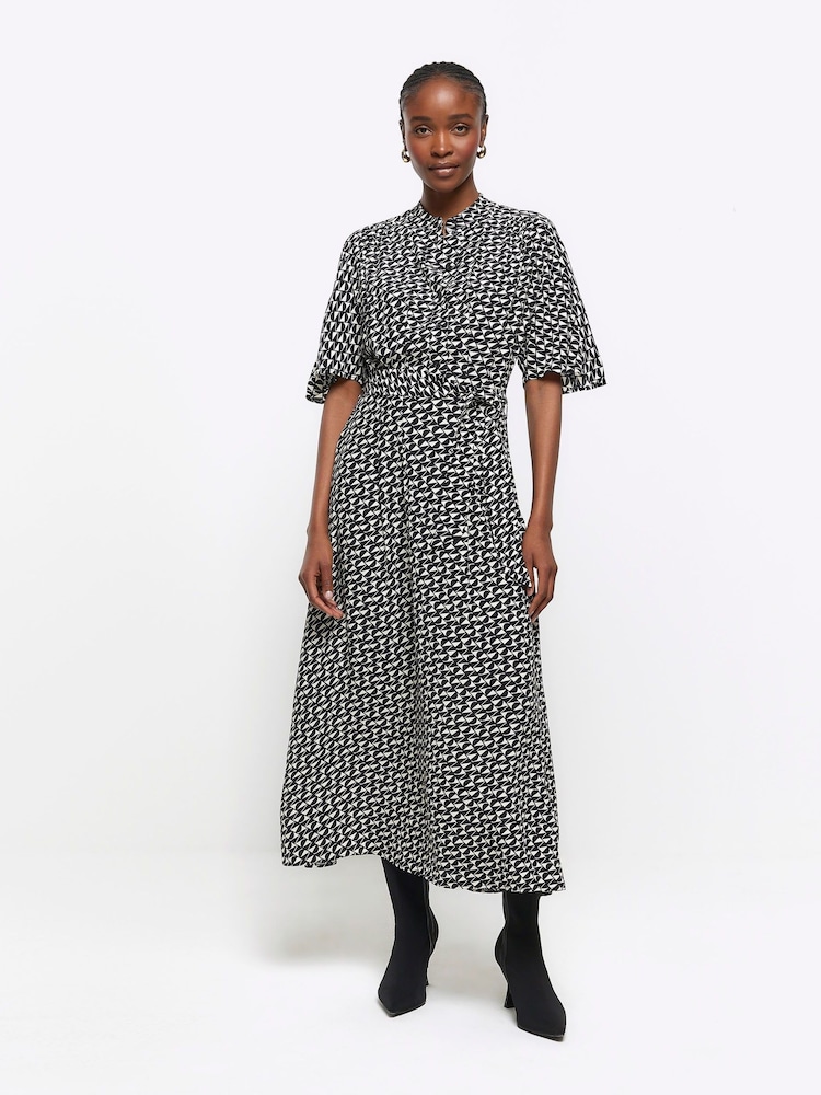 Schwarz - River Island Bedrucktes Hemdkleid mit Gürtel und Knopfleiste - Bild 1 von 6