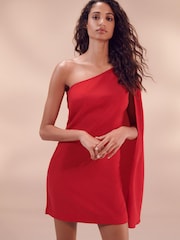 Red One Shoulder Cape Sleeve Mini Dress - Image 1 of 4