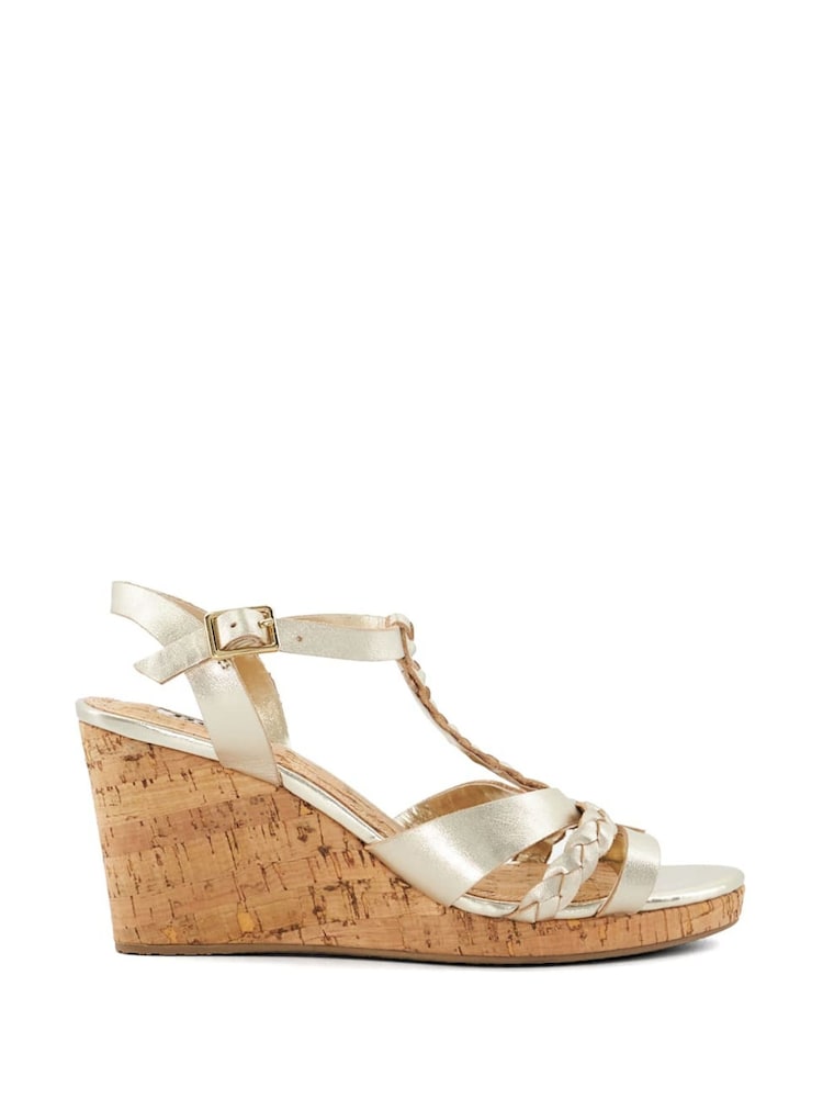 Dune London Gold Standard Fit Koala Plait T-Bar Strap Cork Wedge Heels - Image 3 of 6