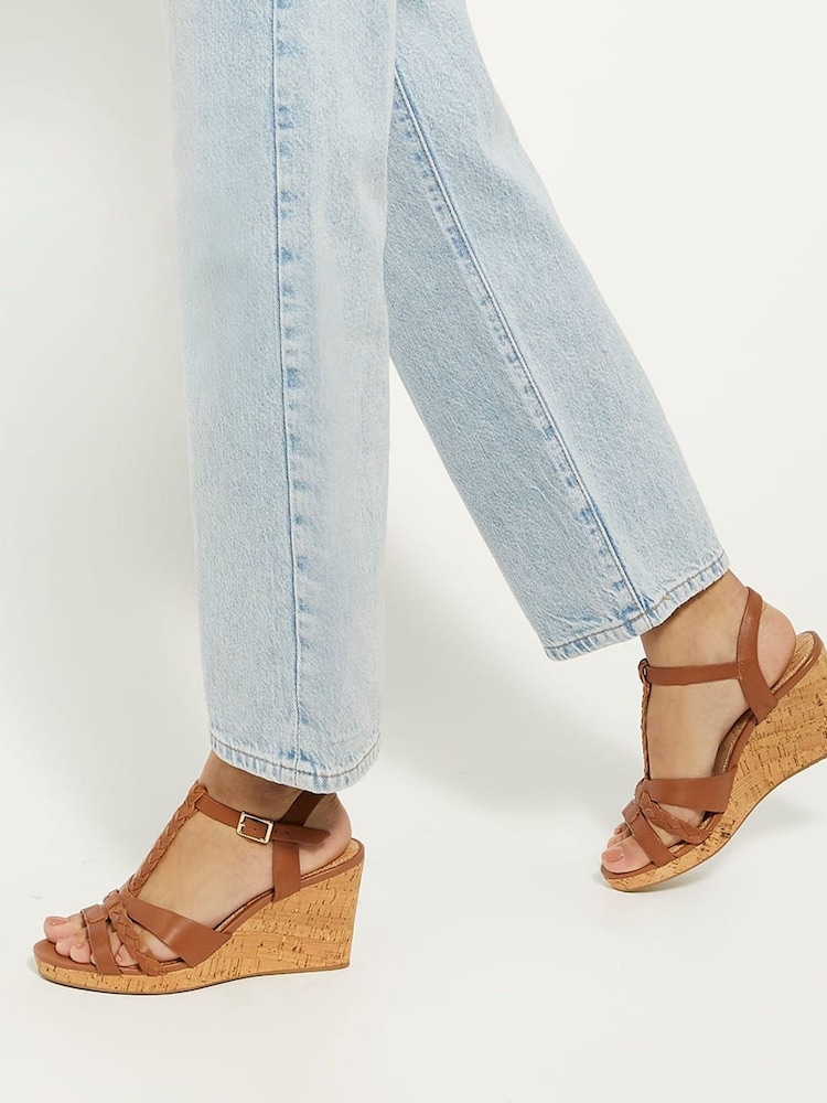 Dune London Brown Standard Fit Koala Plait T-Bar Strap Cork Wedge Heels - Image 1 of 6