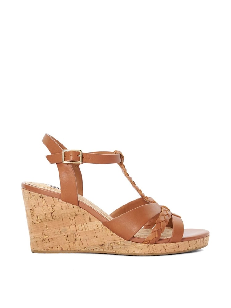 Dune London Brown Standard Fit Koala Plait T-Bar Strap Cork Wedge Heels - Image 3 of 6