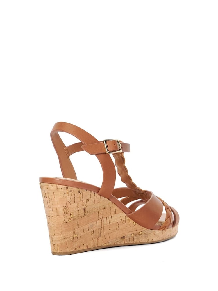 Dune London Brown Standard Fit Koala Plait T-Bar Strap Cork Wedge Heels - Image 5 of 6