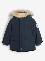 Navy Blue Shower Resistant Faux Fur Parka Coat (3mths-7yrs) - Image 1 of 12