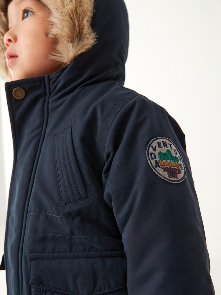 Navy Blue Shower Resistant Faux Fur Parka Coat (3mths-7yrs) - Image 12 of 12