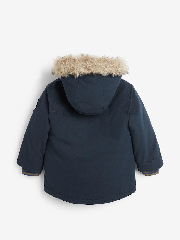 Navy Blue Shower Resistant Faux Fur Parka Coat (3mths-7yrs) - Image 2 of 12
