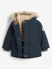 Navy Blue Shower Resistant Faux Fur Parka Coat (3mths-7yrs) - Image 4 of 12