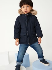 Navy Blue Shower Resistant Faux Fur Parka Coat (3mths-7yrs) - Image 9 of 12