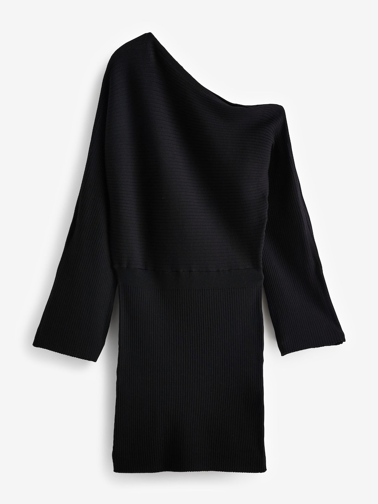 Black Ribbed Off The Shoulder Mini Jumper Dress - Image 1 of 6
