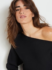 Black Ribbed Off The Shoulder Mini Jumper Dress - Image 4 of 6