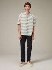 Белый/синий - Linen Blend Horizontal Stripe Shirt with Cuban Collar - Изображение 2 из 4