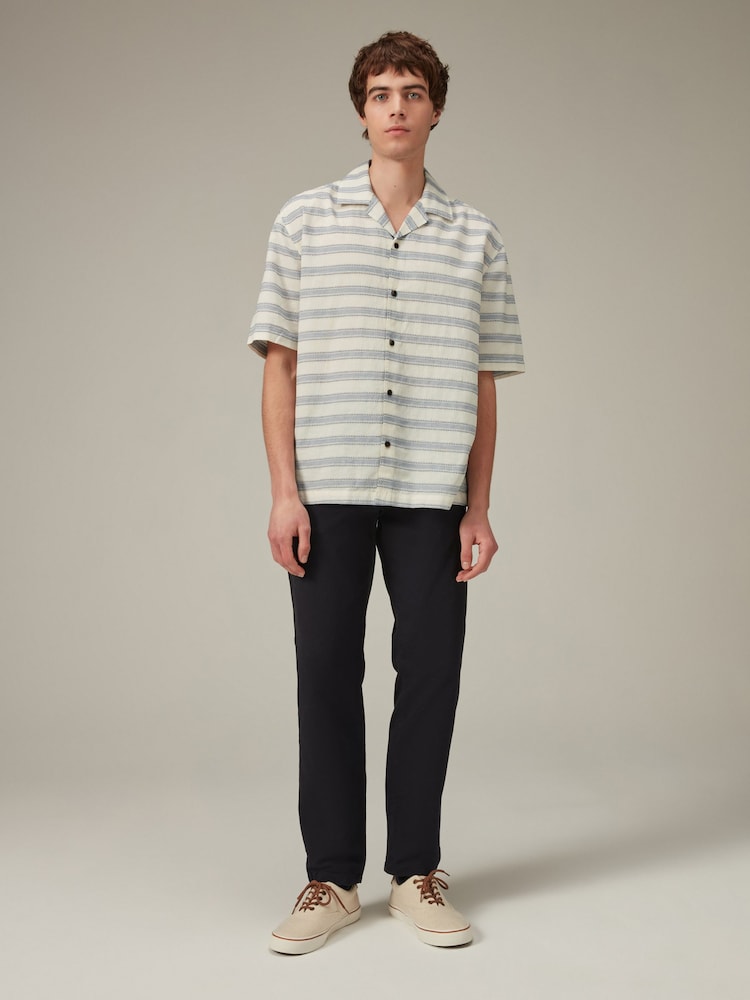 Белый/синий - Linen Blend Horizontal Stripe Shirt with Cuban Collar - Изображение 2 из 4