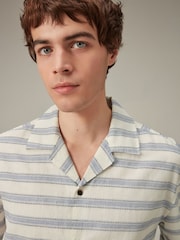 Белый/синий - Linen Blend Horizontal Stripe Shirt with Cuban Collar - Изображение 4 из 4