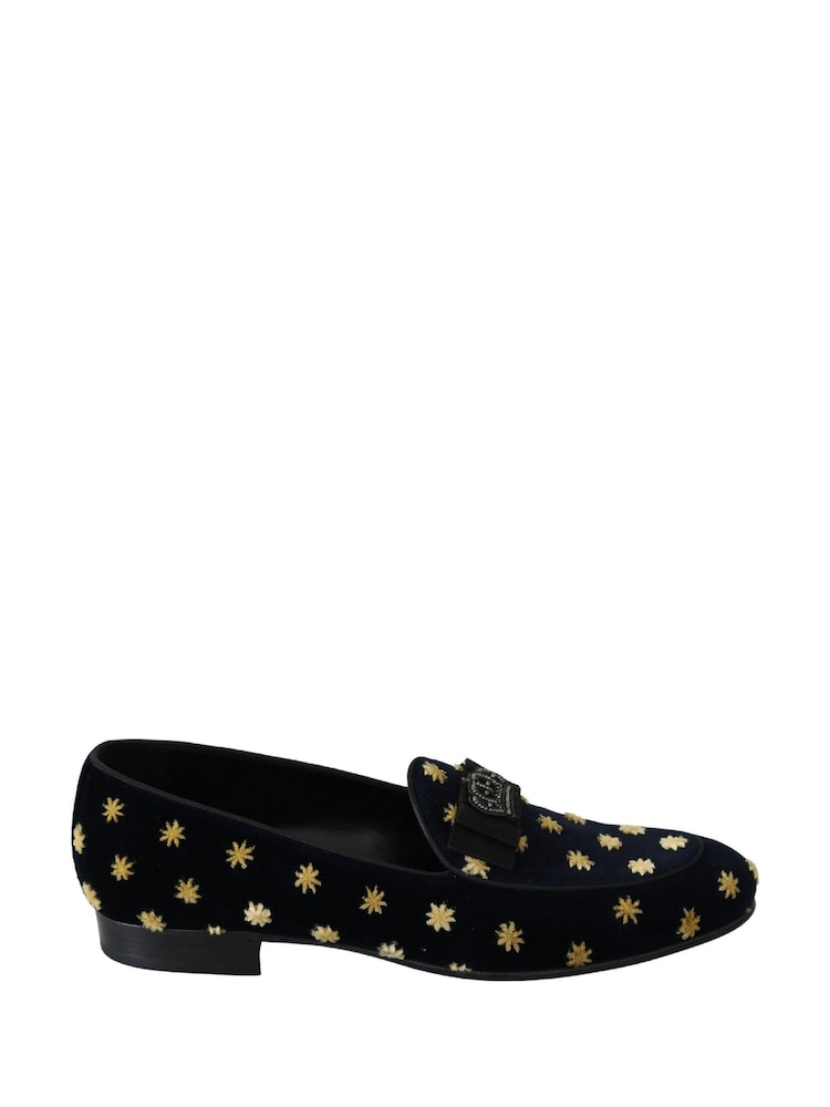 Dolce & Gabbana Velvet Black Loafers with Ricamo Embroidery and Crown Embellishment - Image 1 of 1