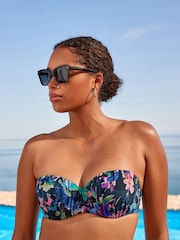 Navy Floral Ruched Shaping Wired Bandeau Bikini Top - Image 1 of 6