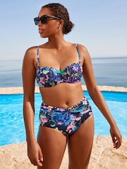 Navy Floral Ruched Shaping Wired Bandeau Bikini Top - Image 2 of 6