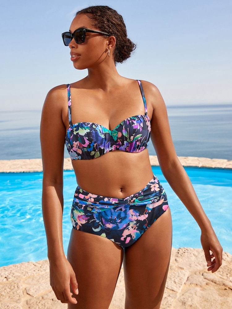 Navy Floral Ruched Shaping Wired Bandeau Bikini Top - Image 2 of 6