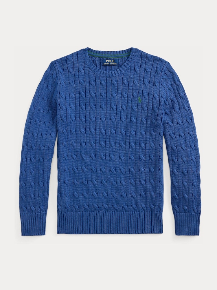 Polo Ralph Lauren Blue Logo Cable Knit Jumper - Image 1 of 2 Polo Ralph Lauren Blue Logo Cable Knit Jumper - Image 1 of 2