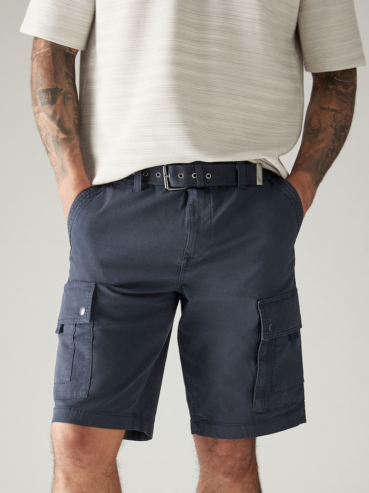 Navy Blue Belted Cargo Shorts - Image 1 of 11