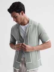 Reiss Sage/White Heath Striped Cuban Collar Shirt - Image 1 of 4