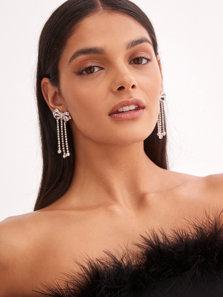 Silver Tone Statement Sparkle Bow Drop Earrings - Image 2 of 5