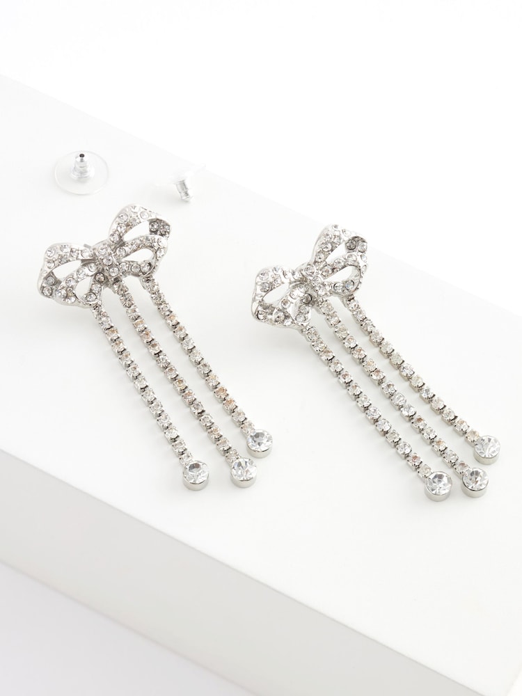 Silver Tone Statement Sparkle Bow Drop Earrings - Image 5 of 5