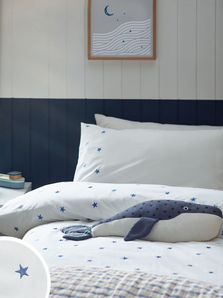 White/Blue Stars 100% Cotton Embroidered Bedding Duvet Cover and Pillowcase Set - Image 1 of 7