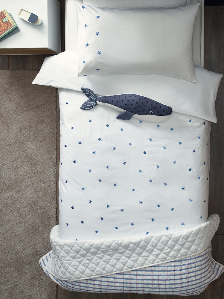 White/Blue Stars 100% Cotton Embroidered Bedding Duvet Cover and Pillowcase Set - Image 2 of 7