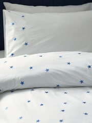 White/Blue Stars 100% Cotton Embroidered Bedding Duvet Cover and Pillowcase Set - Image 4 of 7