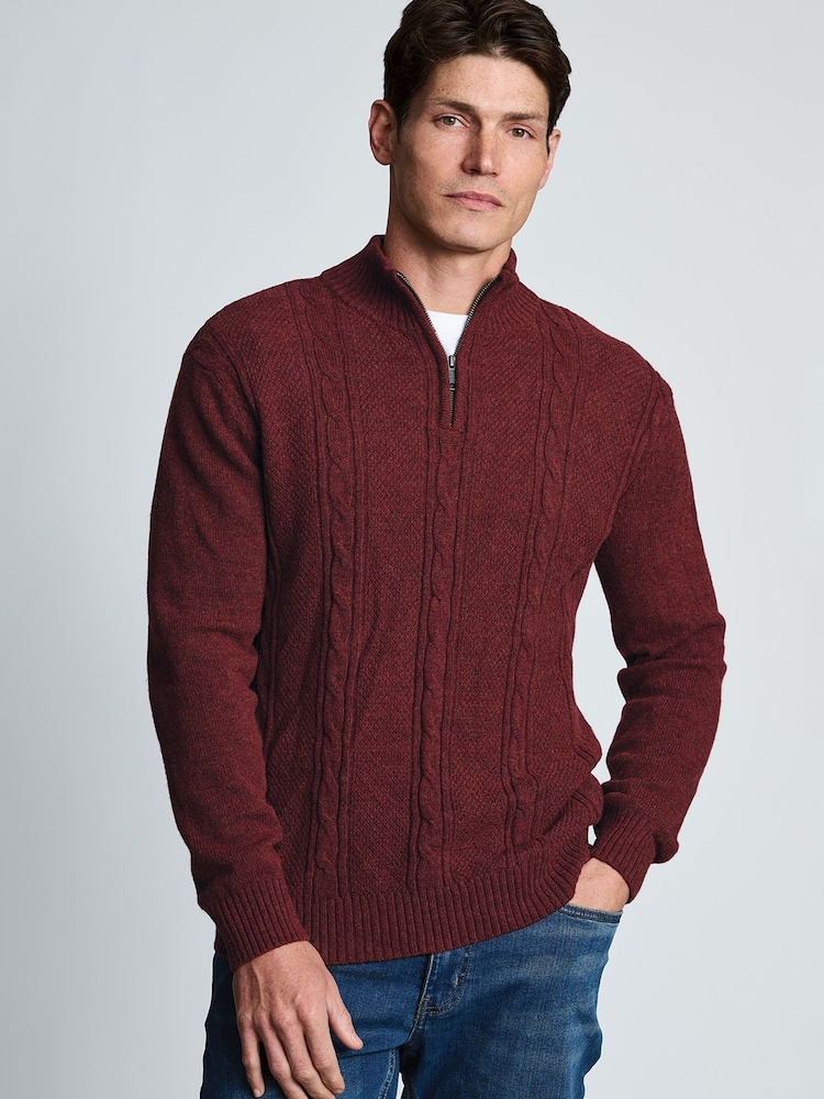Brook Taverner Red Cable Lambswool Blend Quarter Zip Jumper - Image 1 of 4