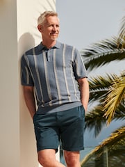 Blue Regular Fit 100% Cotton Knitted Pattern Stripe Polo Shirt - Image 3 of 8