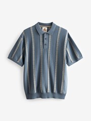Blue Regular Fit 100% Cotton Knitted Pattern Stripe Polo Shirt - Image 6 of 8