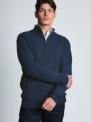 Brook Taverner Blue Cable Lambswool Blend Quarter Zip Jumper - Image 1 of 4