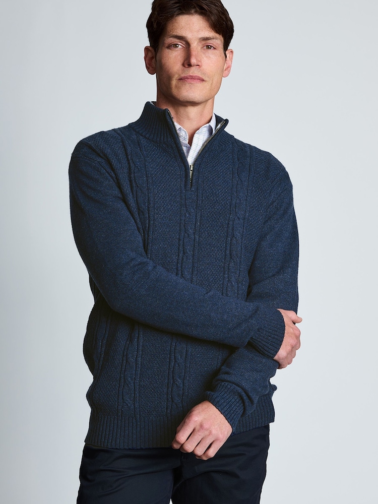 Brook Taverner Blue Cable Lambswool Blend Quarter Zip Jumper - Image 1 of 4 Brook Taverner Blue Cable Lambswool Blend Quarter Zip Jumper - Image 1 of 4