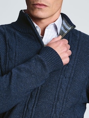 Brook Taverner Blue Cable Lambswool Blend Quarter Zip Jumper - Image 4 of 4