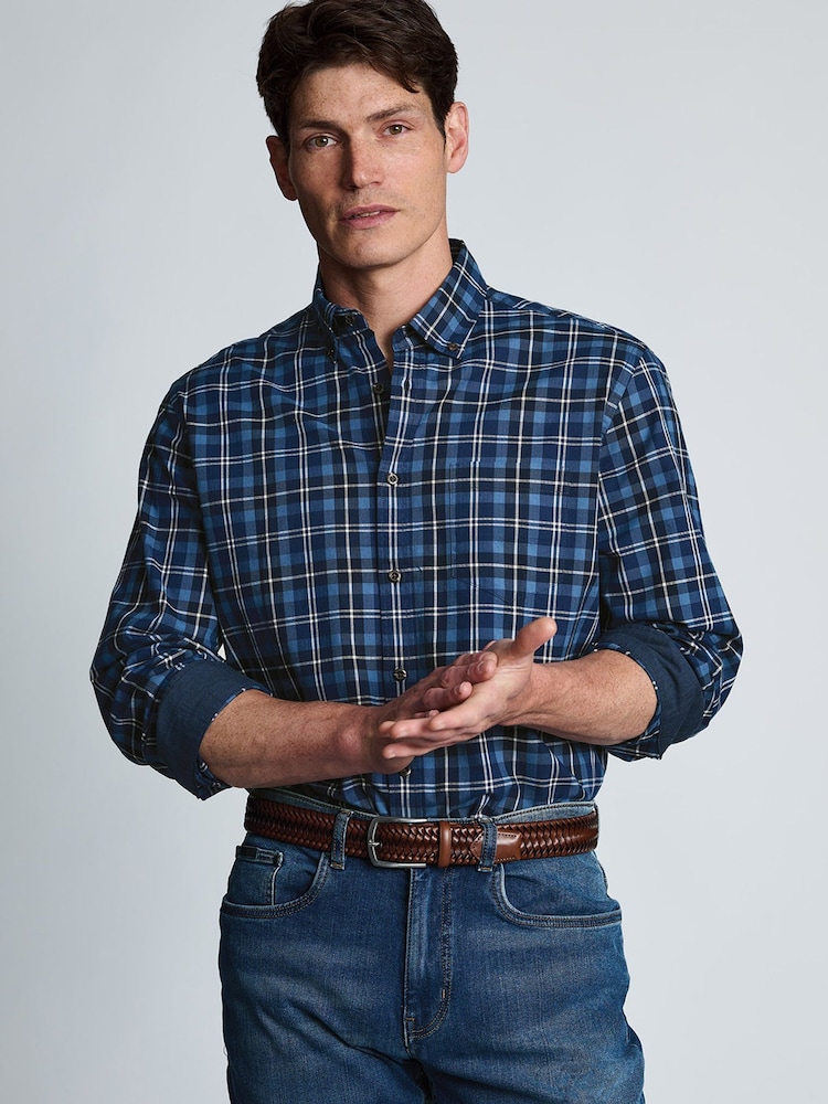 Albastru - Brook Taverner Herringbone Tonal Check Cotton Shirt - Imaginea 1 din 7