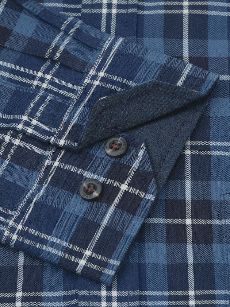 Albastru - Brook Taverner Herringbone Tonal Check Cotton Shirt - Imaginea 7 din 7