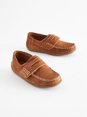 Tan Brown Wide Fit (G) Leather Penny Loafers with Touch and Close Fastening - Image 1 of 6