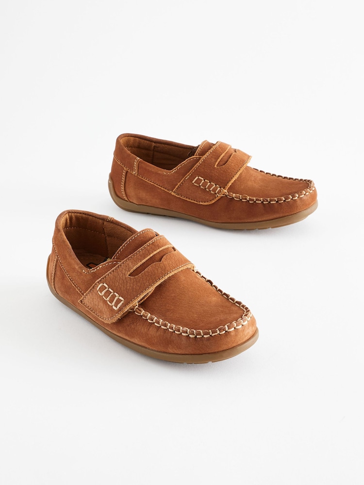 Tan Brown Wide Fit (G) Leather Penny Loafers with Touch and Close Fastening - Image 1 of 6