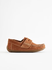 Tan Brown Wide Fit (G) Leather Penny Loafers with Touch and Close Fastening - Image 2 of 6