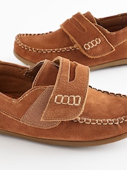 Tan Brown Wide Fit (G) Leather Penny Loafers with Touch and Close Fastening - Image 4 of 6