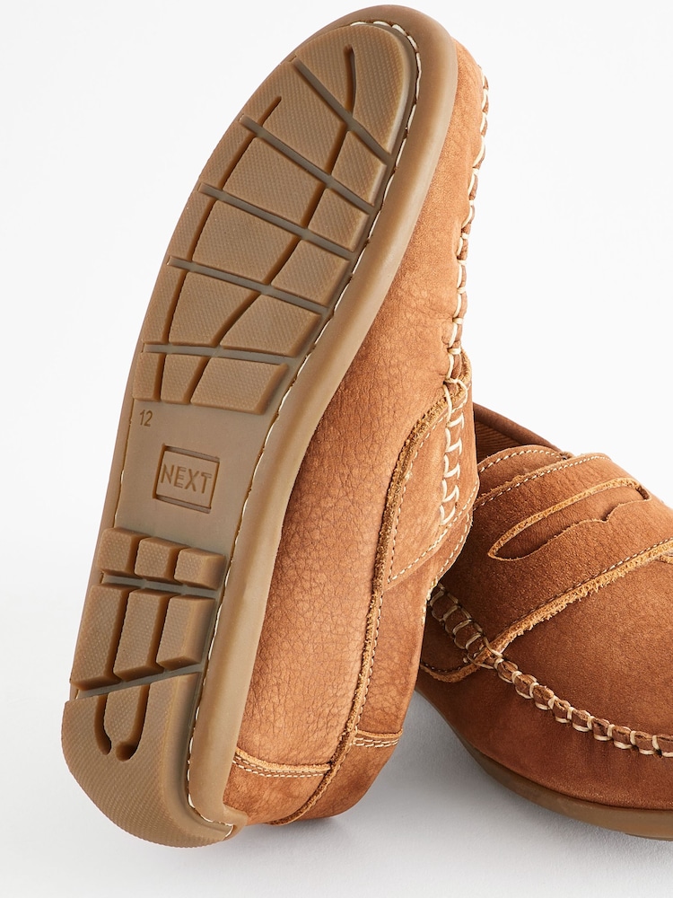 Tan Brown Wide Fit (G) Leather Penny Loafers with Touch and Close Fastening - Image 6 of 6