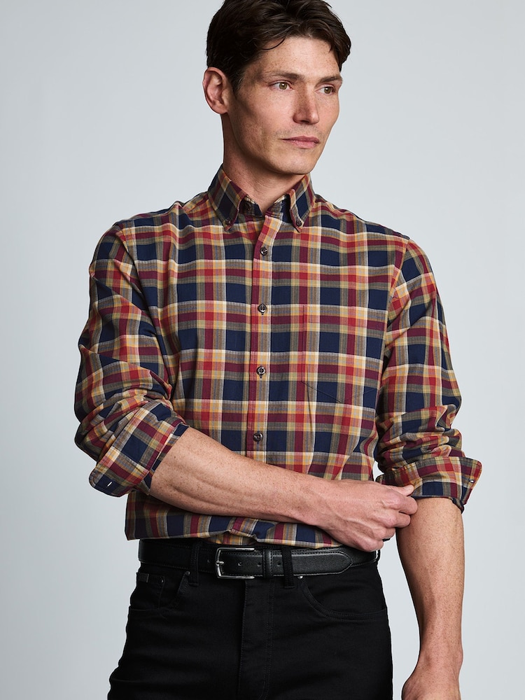 Tumši zils - Brook Taverner Small Plaid Herringbone Cotton Shirt - Attēls 1 no 7