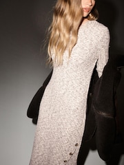 Neutral Cosy Ribbed Button Detail Midi Dress - Image 1 of 6