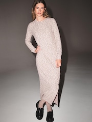 Neutral Cosy Ribbed Button Detail Midi Dress - Image 2 of 6