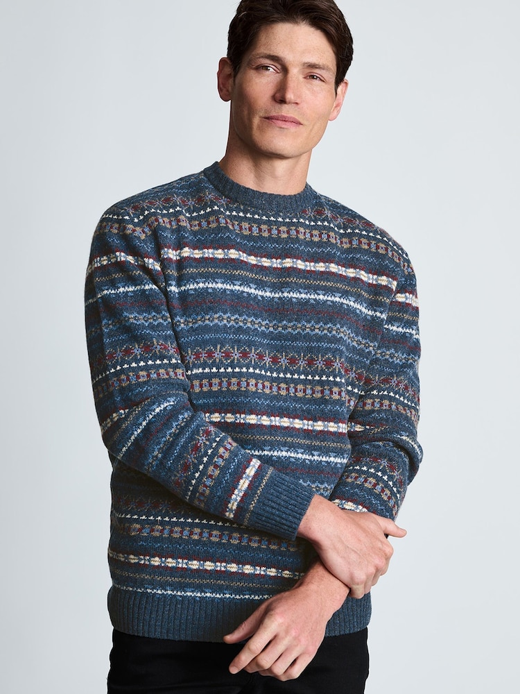 Brook Taverner Blue Fair Isle Lambswool Blend Crew Neck Jumper - Image 2 of 4