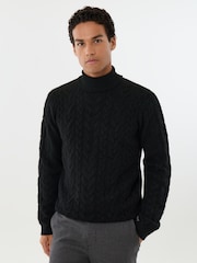 Threadbare Black Cable Knit Roll Neck Jumper - Image 1 of 5