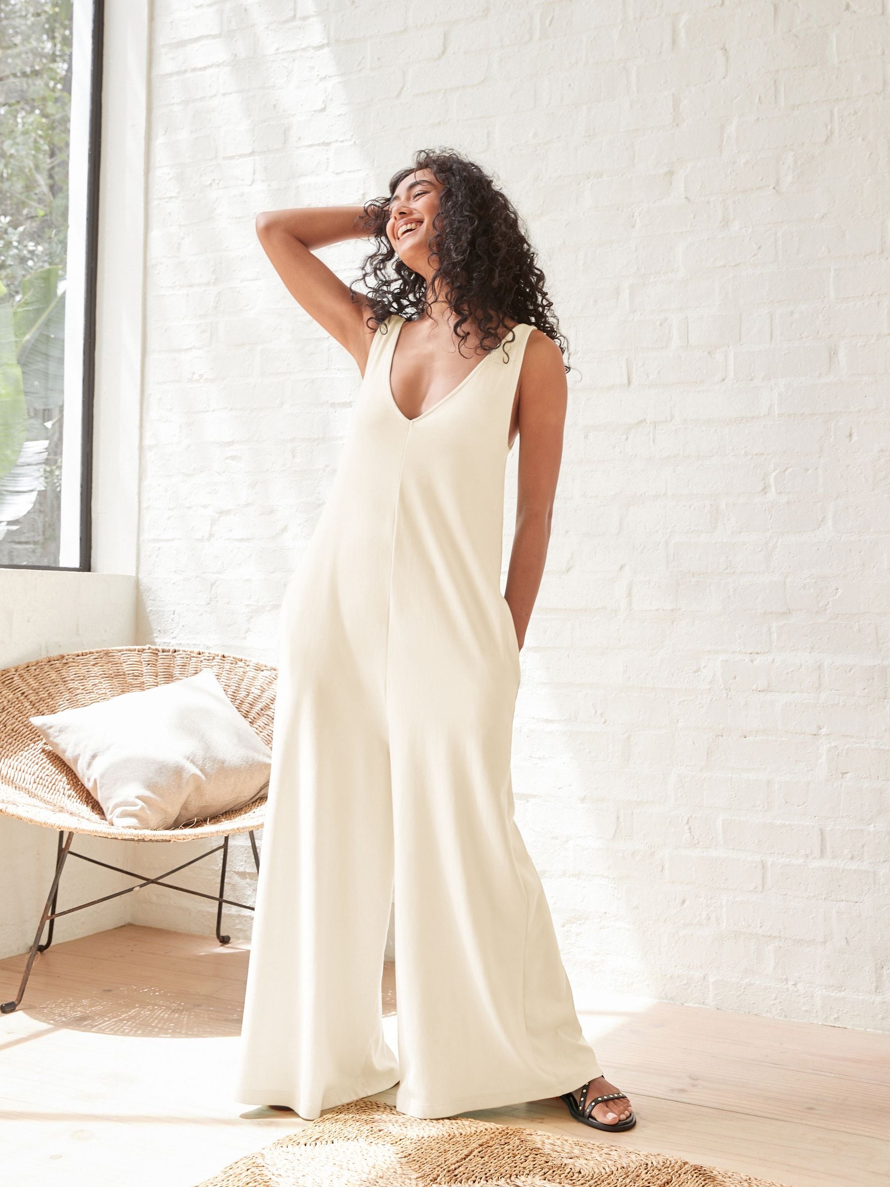 Buy Ecru 100% Cotton V-Neck Jersey Wide Leg Jumpsuit from Next Luxembourg
