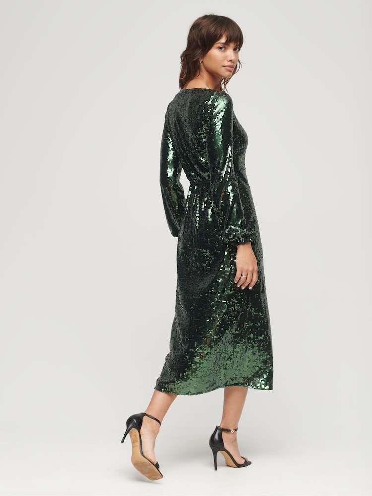 Superdry Green Sequin Wrap Maxi Dress - Image 2 of 3