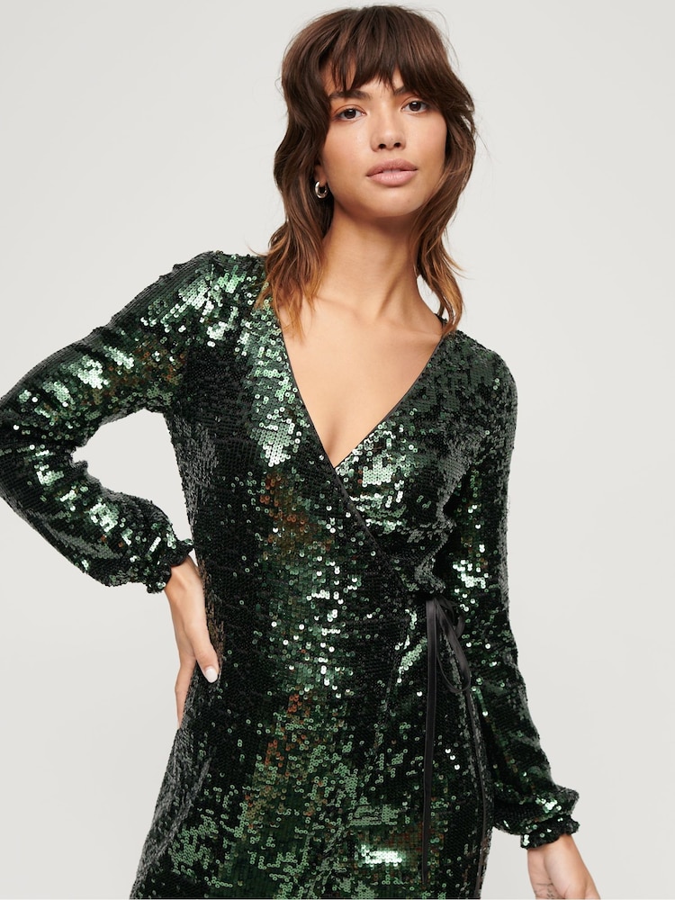 Superdry Green Sequin Wrap Maxi Dress - Image 3 of 3 Superdry Green Sequin Wrap Maxi Dress - Image 3 of 3