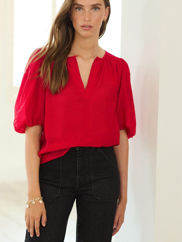 Berry Red Puff Sleeve V-Neck Blouse - Image 1 of 7